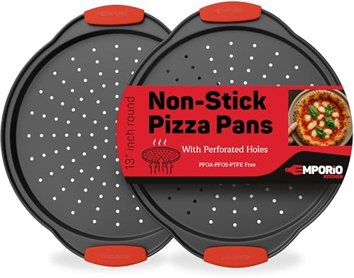 Non-Stick Pizza Pan with Silicone Handle 2 Pack, 13 Inch Round Carbon Steel Tray with Perforated Holes, Dishwasher & Oven Safe Up To 450°F, PFOAPFOSPTFE Free, Durable Nonstick Gray Coating