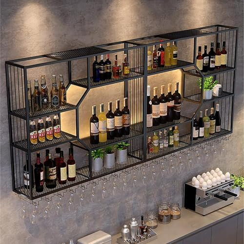 Botellero De Pared Industrial con Luz LED,Estante Decorativo De Metal para Vinos Y Copas,Estante para vinos montado en la Pared Ideal para Cocina, Bodega O Bar(180cm(70.8in))