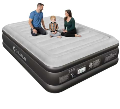 CHILLSUN Matelas Gonflable 2 Personnes, Lit Gonflable 203x152x46cm, Surface flockée épaisse étanche, Compact et Facile à Ranger pour Camping, invités et Usage Domestique avec Pompe. (Queen)