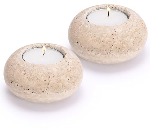 SUMTree 2 Kerzenhalter aus Travertin für Teelichter, Kerzenhalter aus Marmor, handgefertigt, für Couchtisch, Beige (7 x 4 cm)