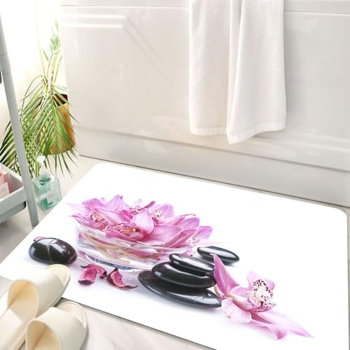 HKPOEQ Non Slip Bath Mat Machine Washable Durable Soft Fluffy Microfiber Bathroom Mat Water Absorbent Bath,Lotus and Massage Stone Magic Japanese Zen Garden Theme,50x80 cm
