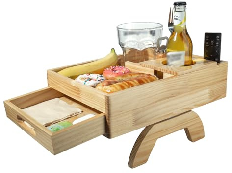 Guolich Wooden Couch Tray with Drawer, Couch Bar Snack Box Wine Glass Holder,Butler with Wooden phone holder Trays,Tv Tray Table,Cup Holder