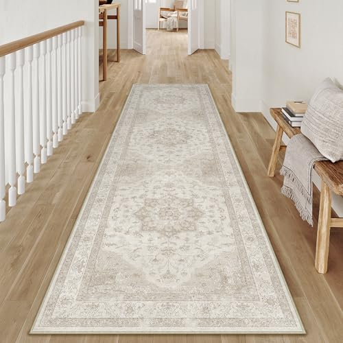 PureCozy Vintage Alfombra Pasillo 60x240cm Beige Cocina Lavables en Lavadora Antideslizante Alfombras Habitacion Pie de Cama Dormitorio Comedor Larga Carpet Pelo Corto Rug