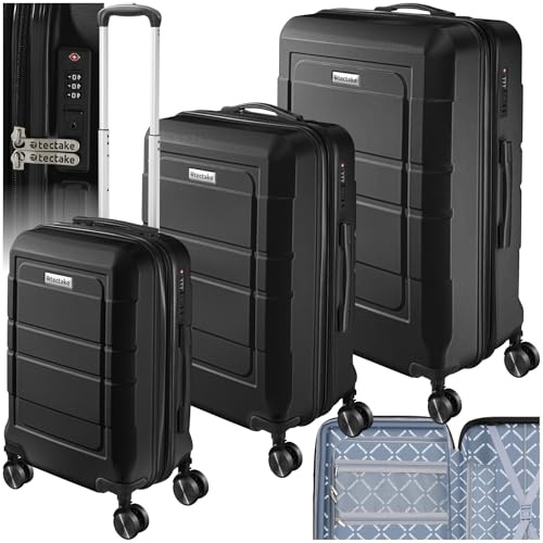 tectake® Set di Valigie Rigide, 3 Pezzi, Trolley da Viaggio con Lucchetto TSA, Set Trolley con Manici Telescopici, Scocche in ABS con Rivestimento in Policarbonato, Espandibili - Nero
