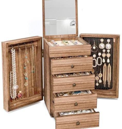 Schmuckkästchen 5 Ebenen, Schmuckaufbewahrung Schmuck Organizers mit Spiegel Schmuckkasten aus edlem Naturholz für Ringe, Ohrringe & Armbänder, Braun