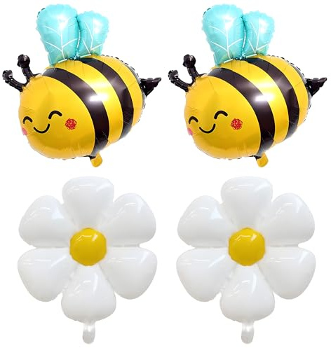 4PCS Large Bee Daisy Foil Balloons, Cute Flower Balloons for Birthday, Adorable Bumble Bee Decorations and Balloon Decorations with Daisy Design Outdoor Picnic Party Decorations Supplies