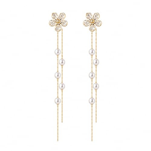 14K Vergoldet Blume Perlen Gold Hängend Lange Damen Ohrringe Ohrstecker Elegant Wasserfest Hypoallergen Goldene Ohrringe Mit Perlen Für Hochzeit Party Geschenk Zeitloser Gold Schmuck Damen Lang