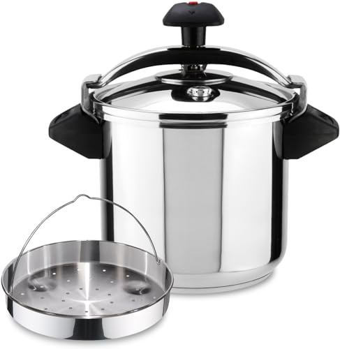 Magefesa Inoxtar Traditioneller Express-Topf mit 10 l + Korb, Edelstahl 18/10, Induktion, gesundes Kochen, Drehknopf, Thermo-Bodenbelag