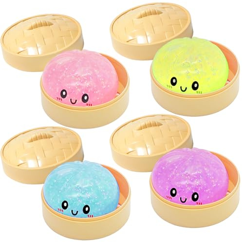 HuaMuDM 4 Stück Giant Dumpling Squishy Glitter,Dumpling Squishy Mystery Glitter,Squishies Bun Dumplings with Steamer Box,Geschenk,Druckreduzierung,Dekoration,Erwachsene (A)