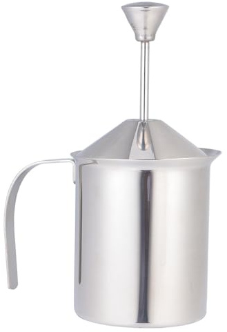 HOMSFOU Espumador de Leche Manual Doble Filtro Resistente al Calor de Acero Inoxidable 304 y Capacidad de 400cc para Uso o Cafetería