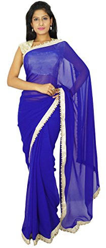 Indisk traditionell festklädsel sari designer Georgette bröllopssari, Kungsblå, en storlek