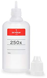 Octopus 250 x 50 ml vätskeflaskor + etiketter, t.ex. för e-vätskor + e-cigaretter, plastflaskor av PE LDPE, flytande doseringsflaskor, droppflaskor etc. klämflaskor + vitt lock