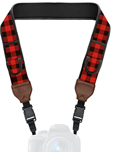 USA Gear TrueSHOT Sangle Appareil Photo Numérique DSLR/SLR, Courroie pour Réflex avec Pochettes de Rangement Rembourrées - Compatible avec Canon EOS, Nikon, Pentax et Plus - Ecossais