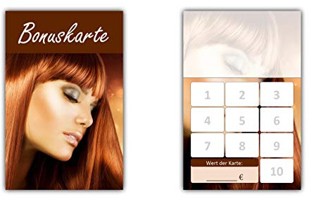 100 Stück Friseur Damen Bonuskarten (BOK-412) mit 10 Stempelfeldern. Treuekarten passend für Bereiche wie Frisör, Kosmetik, Haarpflege