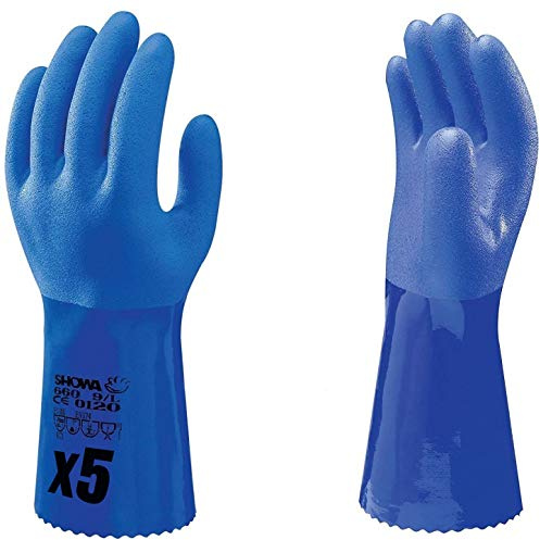 SHOWA 660 Baumwollträgergewebe Chemikalienschutzhandschuh mit kompletter PVC Beschichtung und besonders rauem Finish, Blau, 5 paar, Größe L (9)
