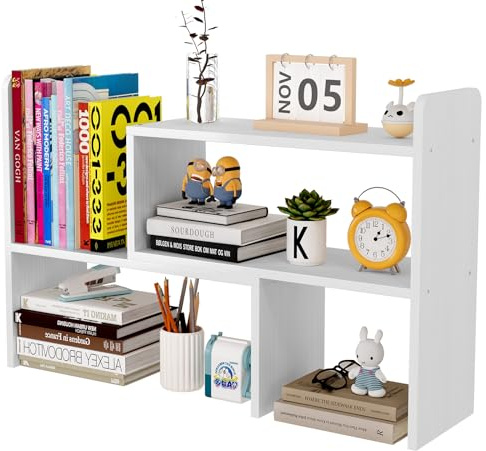 EasyPAG Schreibtisch Regal Holz Freistehend Kleines Bücherregal Verstellbar Schreibtisch Organizer Ständer Bürobedarf Ablage Display Regal,Weiß