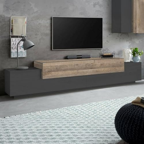 Dmora - TV-Schrank Nico, niedriges Wohnzimmer-Sideboard, Fernsehständer-Basis, 100% Made in Italy, 240 x 45 x 52 cm, Anthrazit und Ahorn,