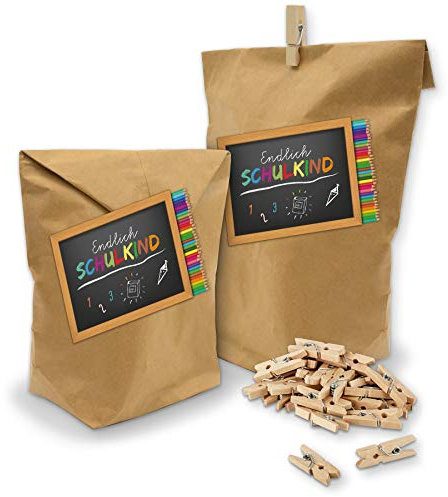 itenga SET 10x Geschenkverpackung Einschulung Geschenktüte aus Papier inkl. Deko Holzklammern und Sticker Aufkleber Endlich Schulkind Stifte rechteckig