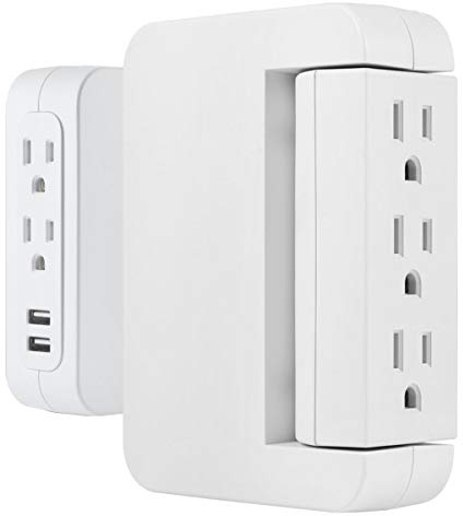 GE Pro Side-Access Swivel Surge Protector, 2 Pack, 5-Outlet Extender with 2 USB Ports, Wall Tap Adapter, Charging Station, 3-Prong, 560 Joules, 2.4 AMP/12 Watt, UL Listed, White, 55246