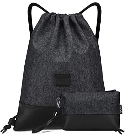 LIVACASA Turnbeutel Hipster Sportbeutel Wasserabweisend Mit Leder Gym Beutel Gefüttert Mit Innentasche Schlüsselbund Damen Gym Bag Herren Tüte Rucksack Außentasche Gymsack Schwarz mit Geldtasche