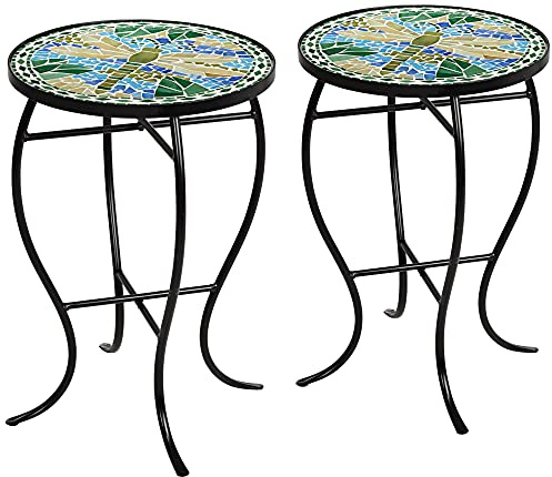 Teal Island Designs Dragonfly Scene Black Metal Round Outdoor Accent Side Tables 14 Wide Set of 2 Blue Mosaic Tile Tabletop Gracefully Curved Legs Spaces Porch Patio Home House Balcony Deck Shed