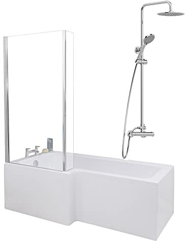 1700 x 855mm Left Hand L Shaped Shower Bath Bathroom Bathtub Glass Shower Screen Front Panel & Thermostatic Mixer Shower Set Handheld Chrome Round Rainfall Head