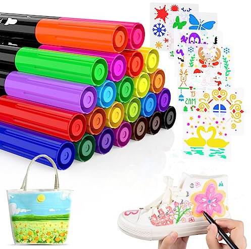 24 Textilstifte Waschmaschinenfest und 7 Schablonen, Textilstifte für T-Shirt, lätzchen zum Bemalen, Stoffbeutel zum Bemalen, Textilfarbe Waschmaschinenfest, Permanent Stoffmalstifte Textilmarker