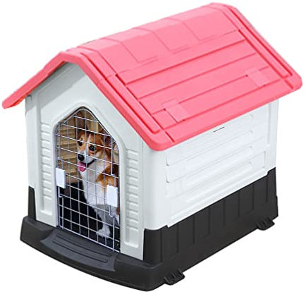 Hundehütte Große Dog House Im Freien, Wasserdichtes Sonnencreme Alle Wetterkatze Und Hund Haustierunterkunft Mit Tür- / Luftöffnungen/Erhöhten Boden (Color : Gray+Pink, Size : 73.5x58x66cm)