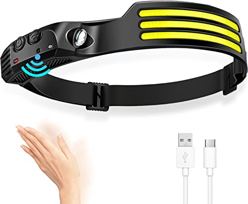 DAWINSIE Torcia Frontale LED, Lampada Frontale IPX4 Impermeabile Lampade da Testa USB Ricaricabile Regolabile con Sensore di Movimento per Pesca,Campeggio, Escursioni,Bicicletta