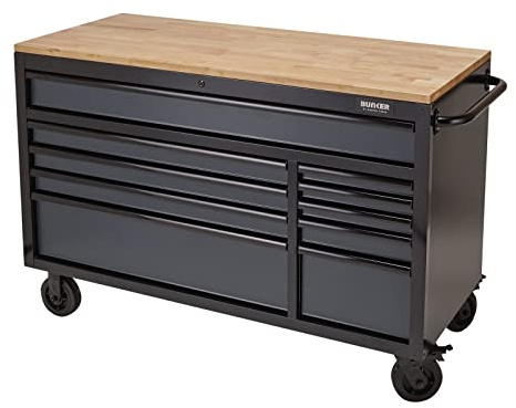 BUNKER 08227 Workbench Roller Tool Cabinet, 10 Drawer, 56, Grey