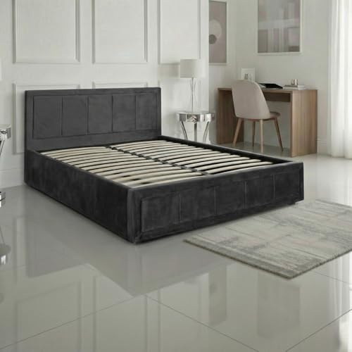 SANA SLEEP Ottoman Bed Frame - Fabric Storage Upholstered Double Bed - Gas Lift Bed Base in Small Double King Super King Size - No Mattress (4FT6 PLUSH BLACK)