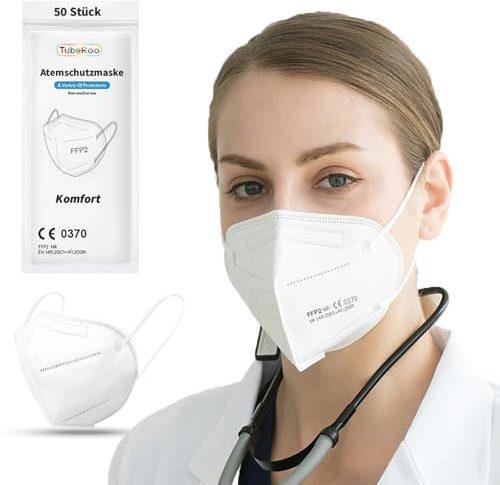 TubeRoo FFP2 Maske weiß 50 Stück, Atemschutzmaske 5-lagig, Schutz Masken, Mundschutz, Staubschutzmaske, deutscher Händler