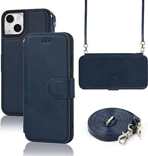 ELTEKER Hülle für iPhone 13 Handyhülle mit Band Crossbody Strap, Klapphülle mit dem Verstellbaren Umhängeband - Blau