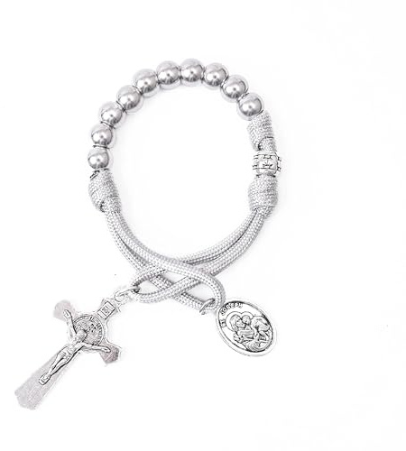 Rosario militare di un decennio in paracord, perline d'argento, rosario tascabile per auto, prega per noi, medaglia di San Giuseppe e croce di San Benedetto. (Rosario in Paracord Grigio)