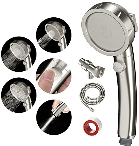 SINGSUO High Pressure Handheld Shower Head with On Off Switch, Detachable Shower Head, 3 Spray Modes Shower Massager Handheld with Hose and Adjustable Angle Bracket (Brushed Nickel)