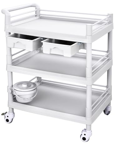 Medizinischer Rollwagen mit 2 Schubladen & Mülleimer | 3-Ebenen Pflegewagen aus Kunststoff | Hygienischer Transportwagen für Krankenhaus, Praxis & Labor | Abmessungen: 75x53x98 cm