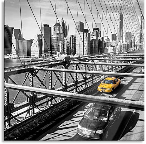 Pixxprint Glasbild, Wandbild auf Echtglas, Gelbes Taxi in New York auf Brücke, 80x80 cm, inkl. Aufhängung und Abstandshalter