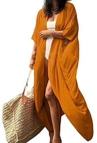 KCatsy Plus Size Solid Colour Plain Half Sleeve Kimono Cardigan Tie Waist Belted Cover-Up Bohemian Resort Beach-Wear Loose Oversized Robe Costume Cover A Solid Orange Ones 8-10