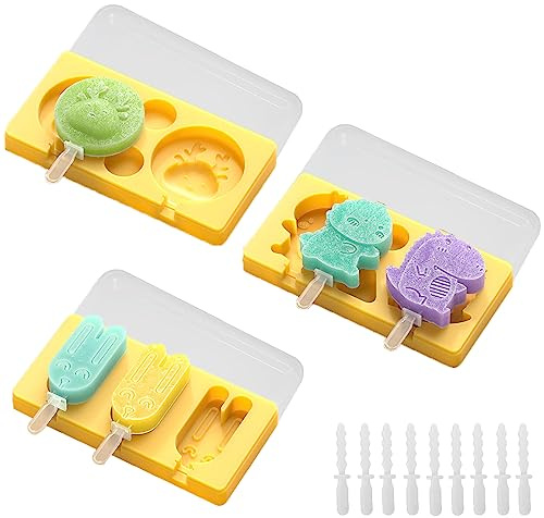 BSITSSS 3 Stück Eisformen Silikon, Eisformen Eis am Stiel Wiederverwendbar Eis am Stiel Formen, Wassereis Formen für KKinder, Eisformen Kinder DIY Ideen Eis Tiere Form mit Sticks und Tropfschutz