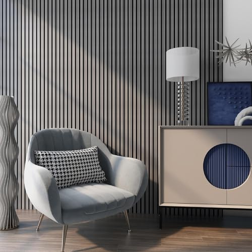 NEU.HOLZ Set de 8 Panneaux Acoustiques Muraux Isolation Sonore Lattes Décoratives Style Scandinave Installation Facile au Mur ou Plafond NRC 0,8 MDF 120 x 60 cm Effet Chêne Gris