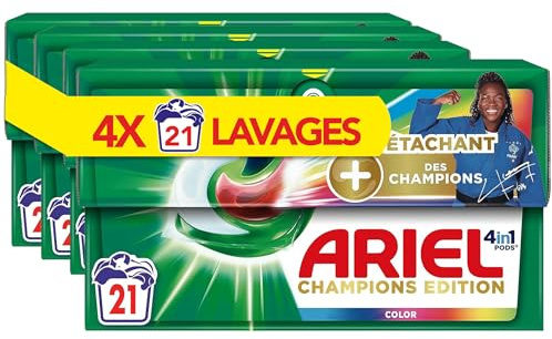Ariel 4in1 PODS Lessive Liquide En Capsules 84 Lavages (4x21 Tablettes), Édition Champion, Extra Color Protection,Technologie Ultra Détachant, Élimine Les Taches Incrustées, Fabriqué En France