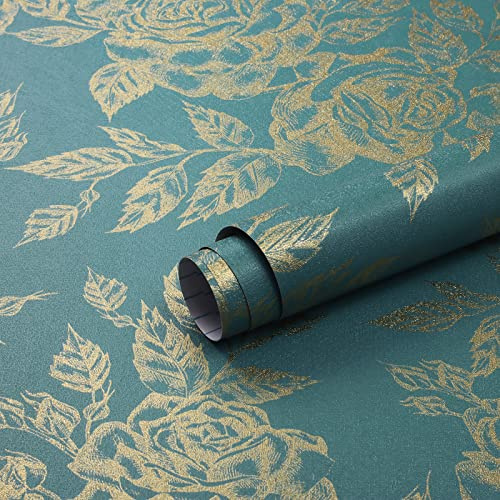 Yomshi Seeblau Blumentapete 44cm×6m Selbstklebende Goldene Blume Blätter Tapete Selbstklebend Dekorative Möbelfolie Klebefolie Möbel Romanze Abnehmbare Tapete Vinyl für Möbel Wand Tischplatten
