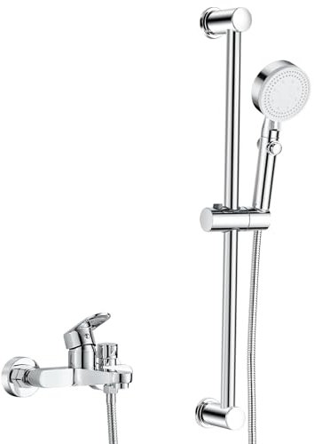 Rubinetto Vasca da Bagno con Doccetta Set Miscelatore Vasca Doccia con Soffione, Saliscendi Doccia, Regolabile Supporto e Tubo, Sistemi Doccia Vasca Rubinetto a Parete Cromo