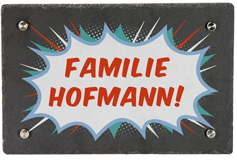 LAUBLUST Türschild Schiefer | Comic Motiv - Haustür-Schild Personalisiert mit Familien-Name | 3 Größen, 4 Wandhalter
