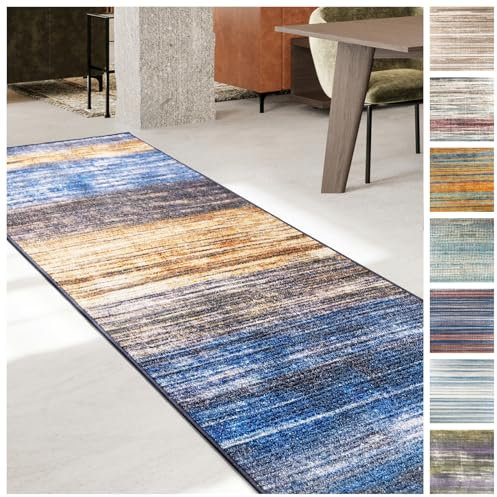 KARAT Teppich Läufer für Küche, Flur & Wohnraum Küchenläufer - Rutschfester Moderner Flurteppich für Wohnzimmer & Schlafzimmer Meterware nach Maß, Blau-Braun, 80 x 150 cm (Cancun)