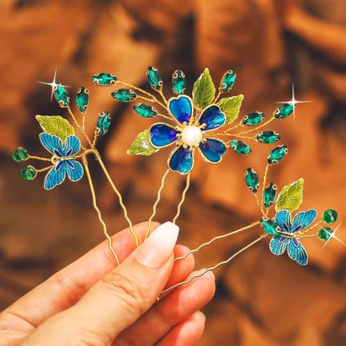 IYOU Barocke Hochzeit Haarnadeln Grün Blume Braut Kopfschmuck Schmetterling Gast Prom Brautjungfer Haarschmuckfür Frauen(3 Stück)