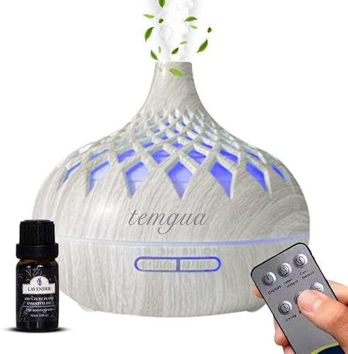 Temgua 500ml Essential Oil Diffuser, Ultrasonic diffusers for home with 1 pure lavender oil, 4Timer, Waterless Auto-Off, Aromatherapy humidifier with 7LED lights (White wood grain)