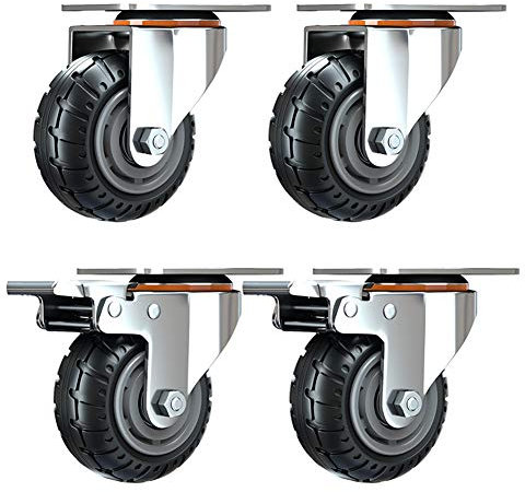 Lenkrollen, Lenkrollen, 4 Schwerlastrollen, 5 Zoll, 125 mm, Industrierollen, universelle, schwenkbare, geräuscharme Gummiräder mit Bremse, Möbel-Doppellager für 600 kg