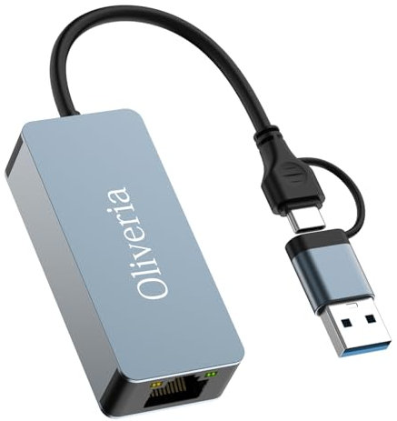 Oliveria Adattatore LAN USB 2,5 G, adattatore di rete 2 in 1 USB-C Ethernet 100/1000/2500 Mbps, adattatore LAN per iPhone, iPad, MacBook, Tablet