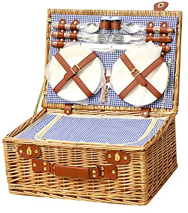 HAVVMK Picknickkorb-Set aus Weide für 4 Personen/2 Personen mit großem Kühlfach, Picknickkorbdecke aus natürlichem Korbgeflecht, Picknickzubehör, Outdoor-Geschirr und Picknickgeschirr